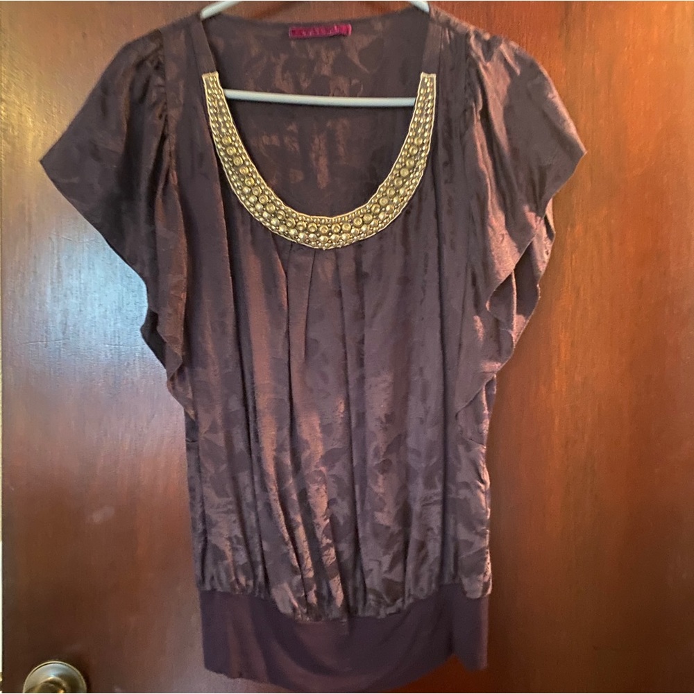 Blue silky blouse by Velvet. Size P? Medium. Fabric is silk-cotton blend